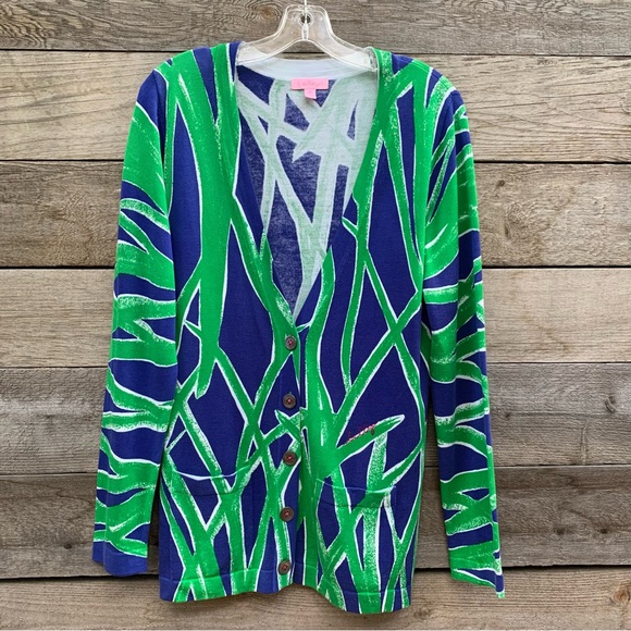 Lilly Pulitzer Cardigan Sweater Womens M Silk Cotton Printe Tunic Button Pockets - Picture 1 of 16